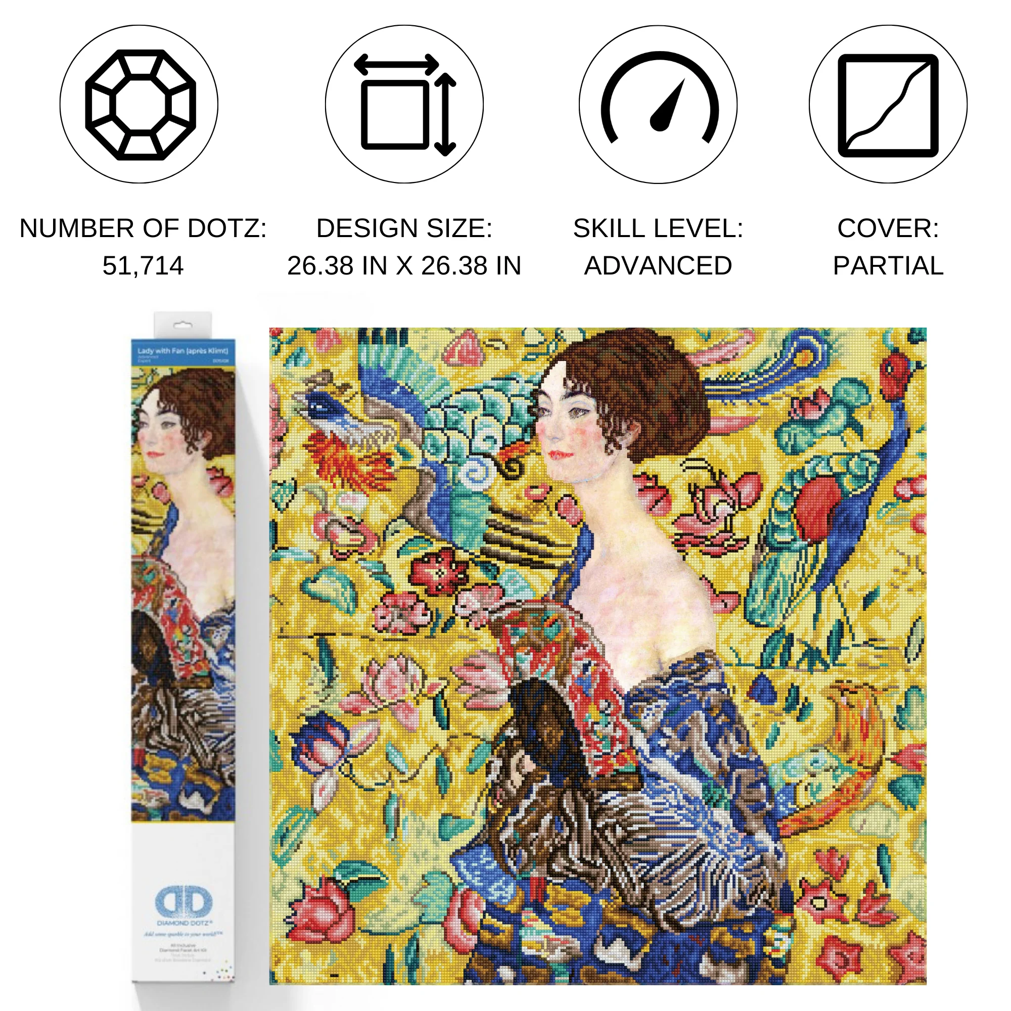 Diamond Dotz Lady with Fan (apres Klimt) - 26.4" x 26.4" - Image 4