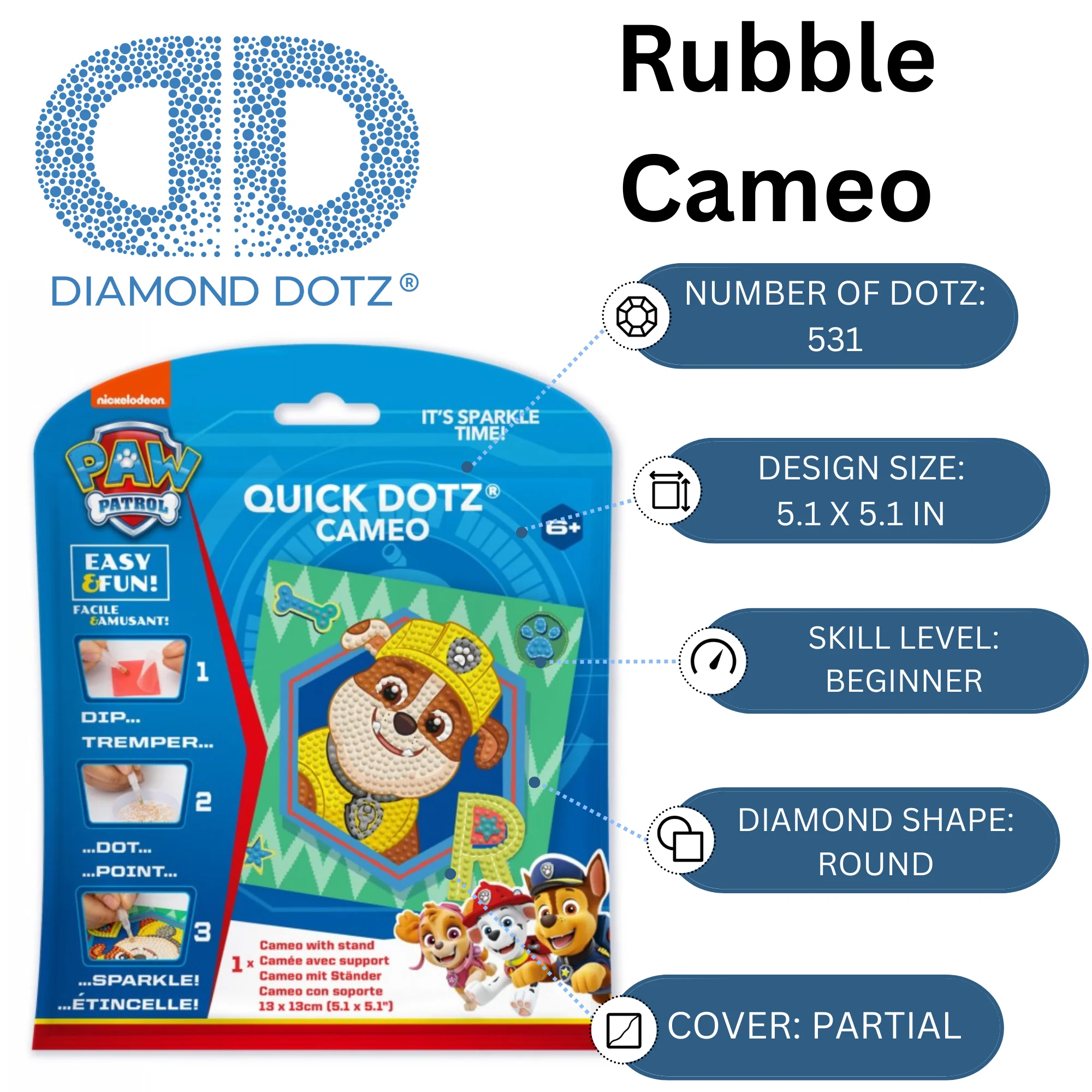 Diamond Dotz DOTZIES PAW PATROL Rubble Diamond Painting - 5.1" x 5.1" - Image 3